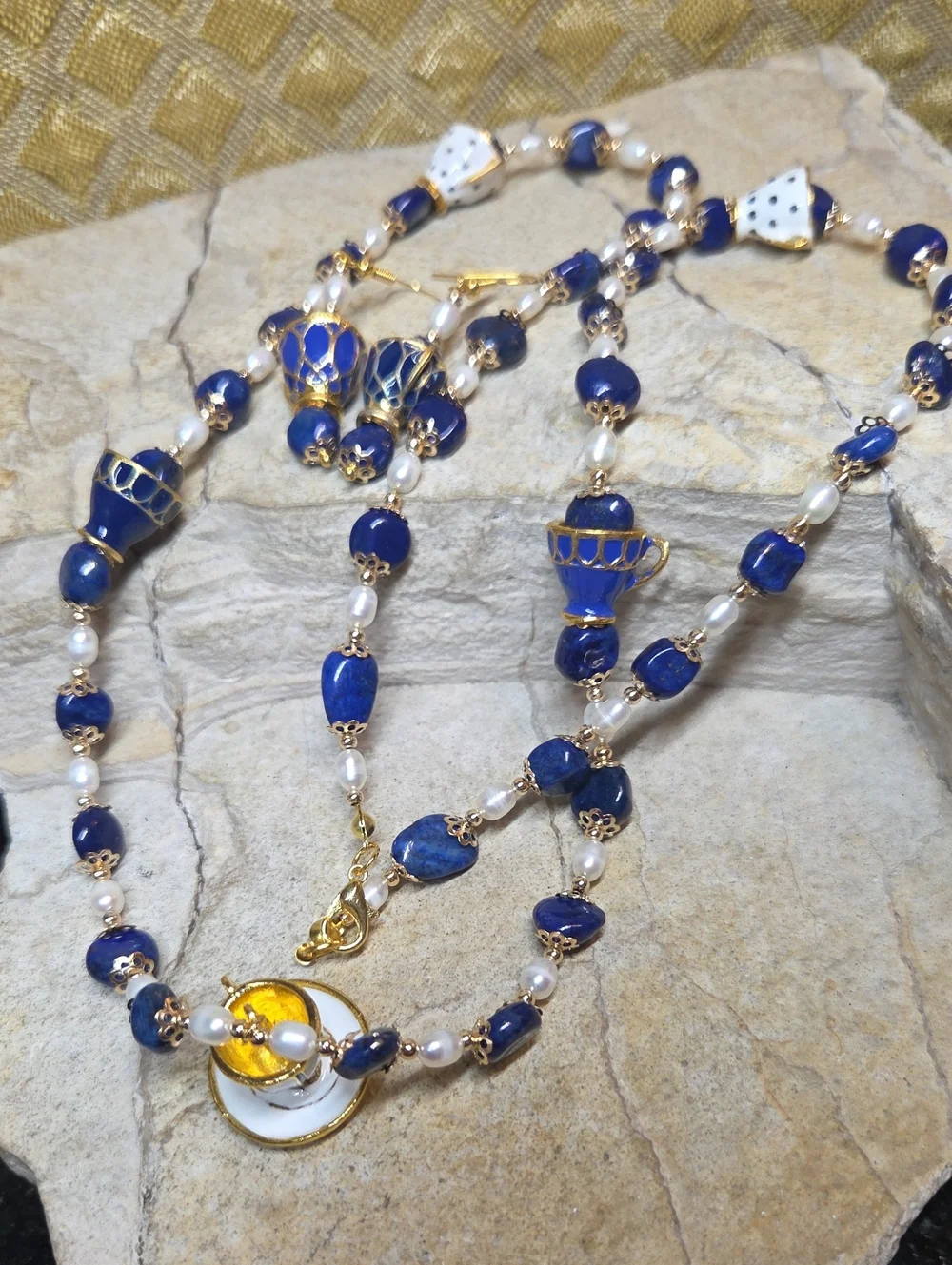 Enamel Teacup Lapis Lazuli Freshwater Pearl Women's Necklace & Earrings Set